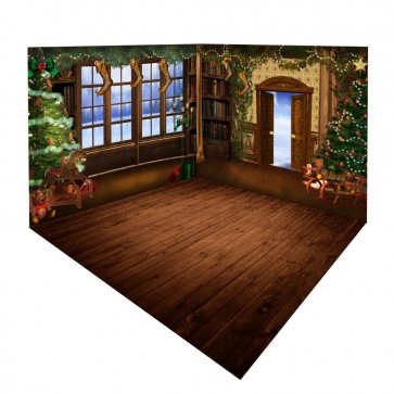 Photography Background Christmas Tree And Socks Brown Wood Floor Backdrops Room Set
