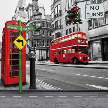 Photography Background Red Bus Telephone Booth Street View Faded Backdrops