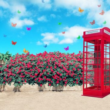 Street View Photography Background Red Telephone Booth Flowers Butterfly Blue Sky Backdrops