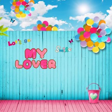 Valentine's Day Photography Background Cartoon My Lover Blue Wood Wall Balloon Backdrops