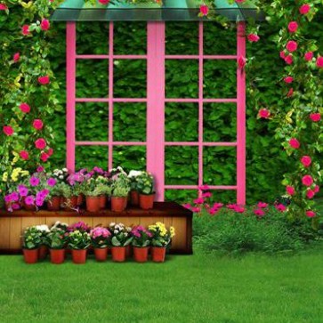 Door Window Photography Backdrops Grass Pink Window Ivy Flowers Background