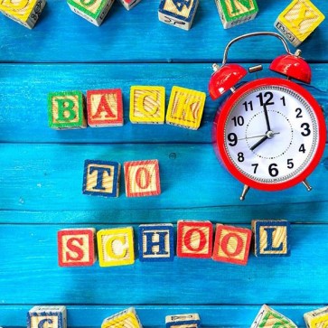 Back To School Photography Backdrops Alphabet Blocks Alarm Clock Blue Wood Floor Background