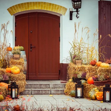 Thanksgiving Day Photography Backdrops Dried Straw Pumpkin Brown Door Background