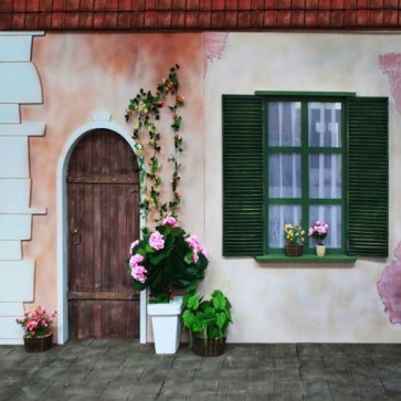 Door Window Photography Backdrops Brown Wooden Door Green Window White Wall Background