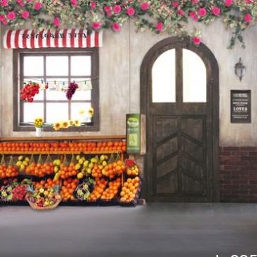 Door Window Photography Backdrops Brown Door Fruit Shop Red Flowers Background