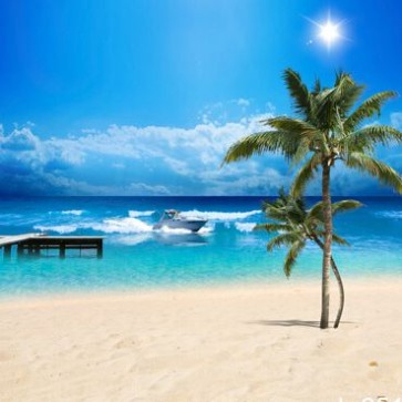 Photography Backdrops White Yacht Coconut Tree Beach Background