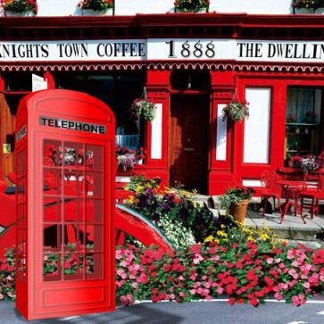 Photography Backdrops Red Telephone Booth Flowers Street View Background