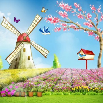 Cartoon Photography Backdrops Flower Windmill Blue Sky Background For Children