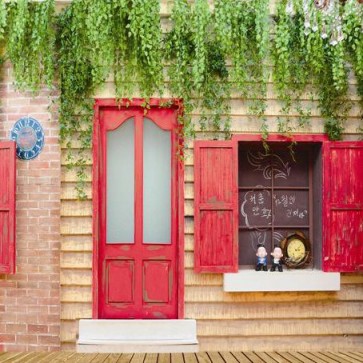 Door Window Photography Backdrops Green Leaves Red Doors Window Background