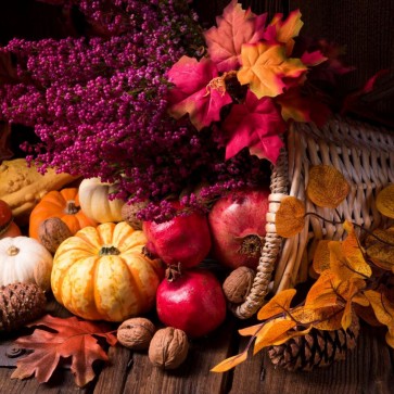 Photography Backdrops Pomegranate Leaves Autumn Pumpkin Thanksgiving Day Background
