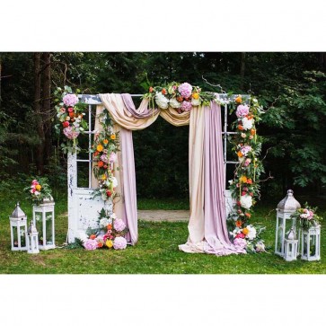 Wedding Photography Backdrops Pink White Flower Door Green Plants Background