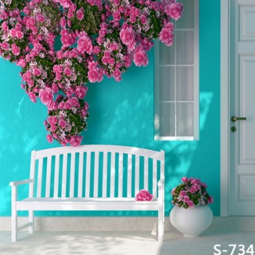 Door Window Photography Backdrops Blue Wall Pink Roses Background