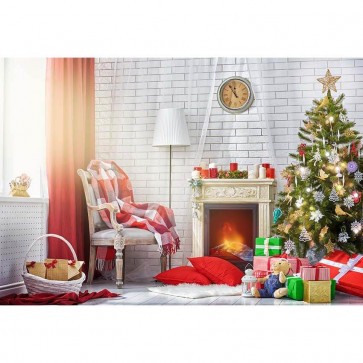 Christmas Photography Backdrops Christmas Tree Red Curtains White Brick Wall Background