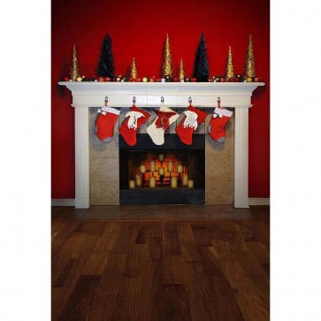 Christmas Photography Backdrops Brown Wood Floor Fireplace Closet Christmas Socks Red Background