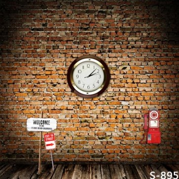 Photography Backdrops Clock Brick Wall Red Public Telephone Background