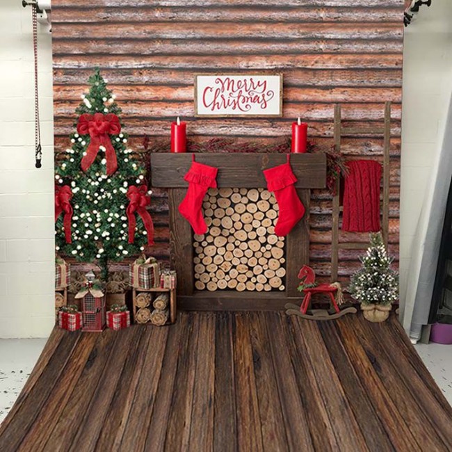 LB Rustic Wood Christmas Fireplace Backdrops for Photography 9x6ft Decorated Wooden Wall Photo Backdrops Customized Photo Background Studio Props,Washable Seamless