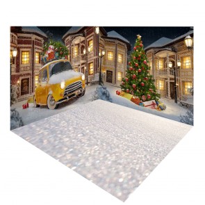 Photography Background Backdrops Christmas Tree And Yellow Car Next To The Villa At Night Set