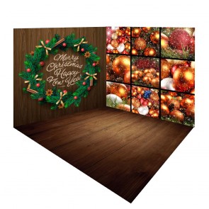 Christmas Wreath Photography Background Christmas Lights Brown Wood Floor Backdrops Set