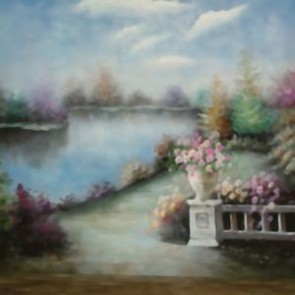 Oil Painting Photography Background Flowers Lakeside Blue Sky Backdrops