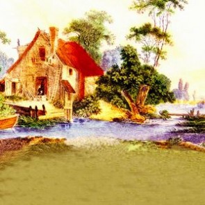 Oil Painting Photography Background Lakeside House Trees Backdrops