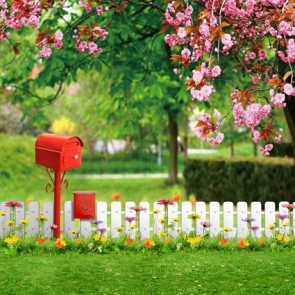 Nature Photography Backdrops Pink Flowers Red Mailbox Lawn Background