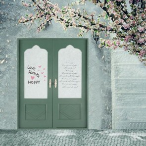 Door Window Photography Backdrops Pink Cherry Blossom Light Green Door Background