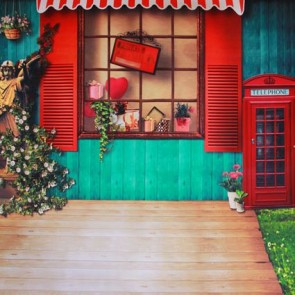 Door Window Photography Backdrops Red Window Blue Wall Wood Floor Background