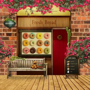 Door Window Photography Backdrops Fresh Bread Pink Flowers Background