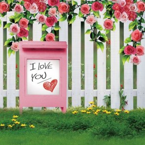 Photography Backdrops Pink Rose Flower Grass White Fence Valentine's Day Background