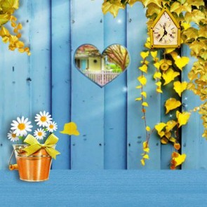 Photography Backdrops Golden Leaves White Flowers Blue Wood Wall Valentine's Day Background