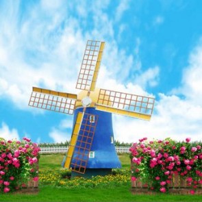 Photography Background Blue Windmill Pink Rose Tourist Backdrops