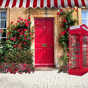 Door Window Photography Backdrops Red Door Telephone Booth Red Flowers Background