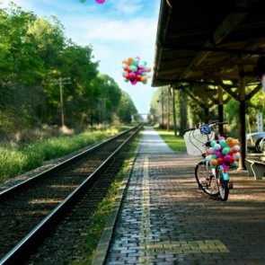 Street View Photography Background Color Balloon Train Rail Station Backdrops