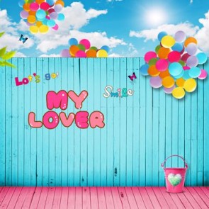 Valentine's Day Photography Background Cartoon My Lover Blue Wood Wall Balloon Backdrops