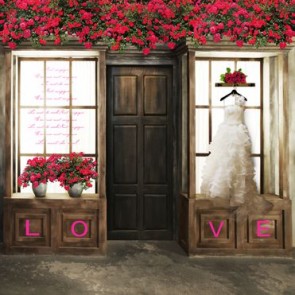 Door Window Photography Backdrops Brown Door Red Flowers Wedding Clothes Background