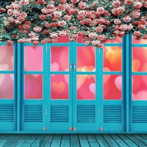 Door Window Photography Backdrops Blue Door Pink Rose Flower Background