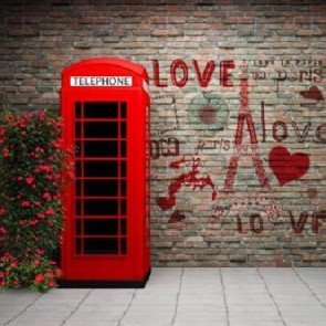 Photography Backdrops Red Roses Brick Wall Red Telephone Booth Valentine's Day Background