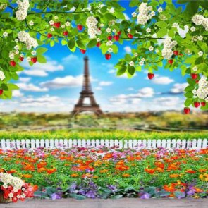 Photography Backdrops Eiffel Tower Flowers White Fence Tourist Background