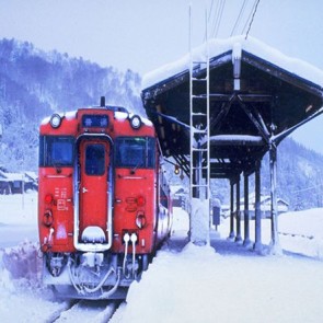 Train Photography Backdrops Red Train Station Snow Background