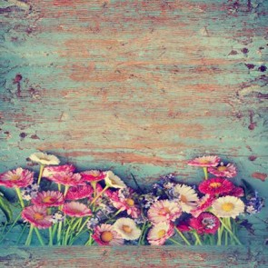 Photography Backdrops Blue Faded Wood Floor Pink White Flowers Background