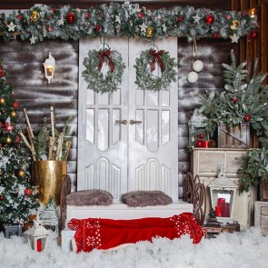 Christmas Photography Backdrops White Door Christmas Tree Snow Background For Photo Studio