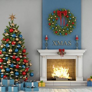 Christmas Photography Backdrops Fireplace Closet Christmas Wreath Christmas Tree Background