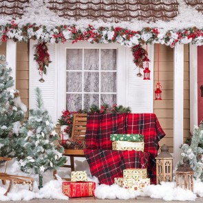 Christmas Photography Backdrops Christmas Tree Gift Box Red Door Snow House Background