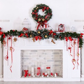 Christmas Photography Backdrops Christmas Wreath White Fireplace Closet Brick Wall Background