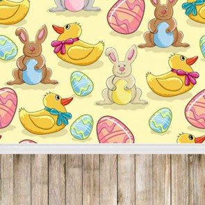 Easter Photography Background Yellow Duck Easter Eggs Wood Floor Backdrops