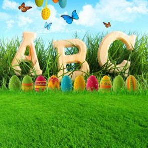 Easter Photography Background Easter Eggs Butterfly Blue Sky Lawn Backdrops