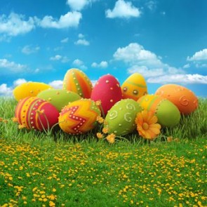 Photography Backdrops Blue Sky White Cloud Easter Eggs Grass Background