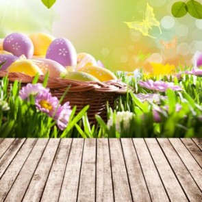 Photography Backdrops Eggs Brown Wood Floor Easter Purple Flowers Background