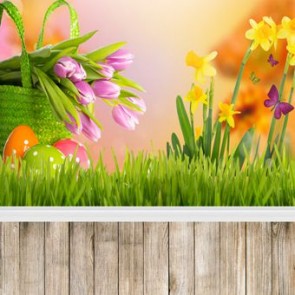 Photography Background Yellow Pink Tulips Easter Brown Wood Floor Backdrops