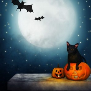 Photography Backdrops Bat Moon Black Cat Pumpkin Lamp Halloween Background